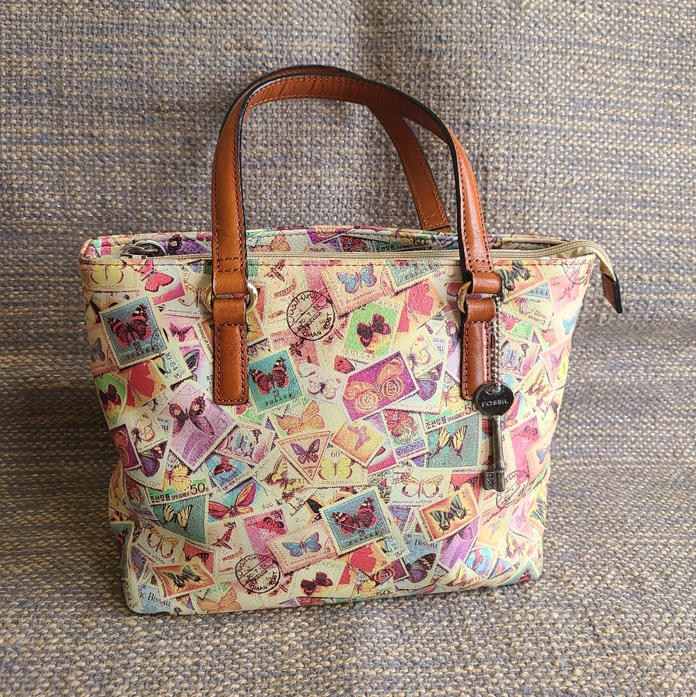 Cute Fossil vintage postage stamp bag, leather body and straps